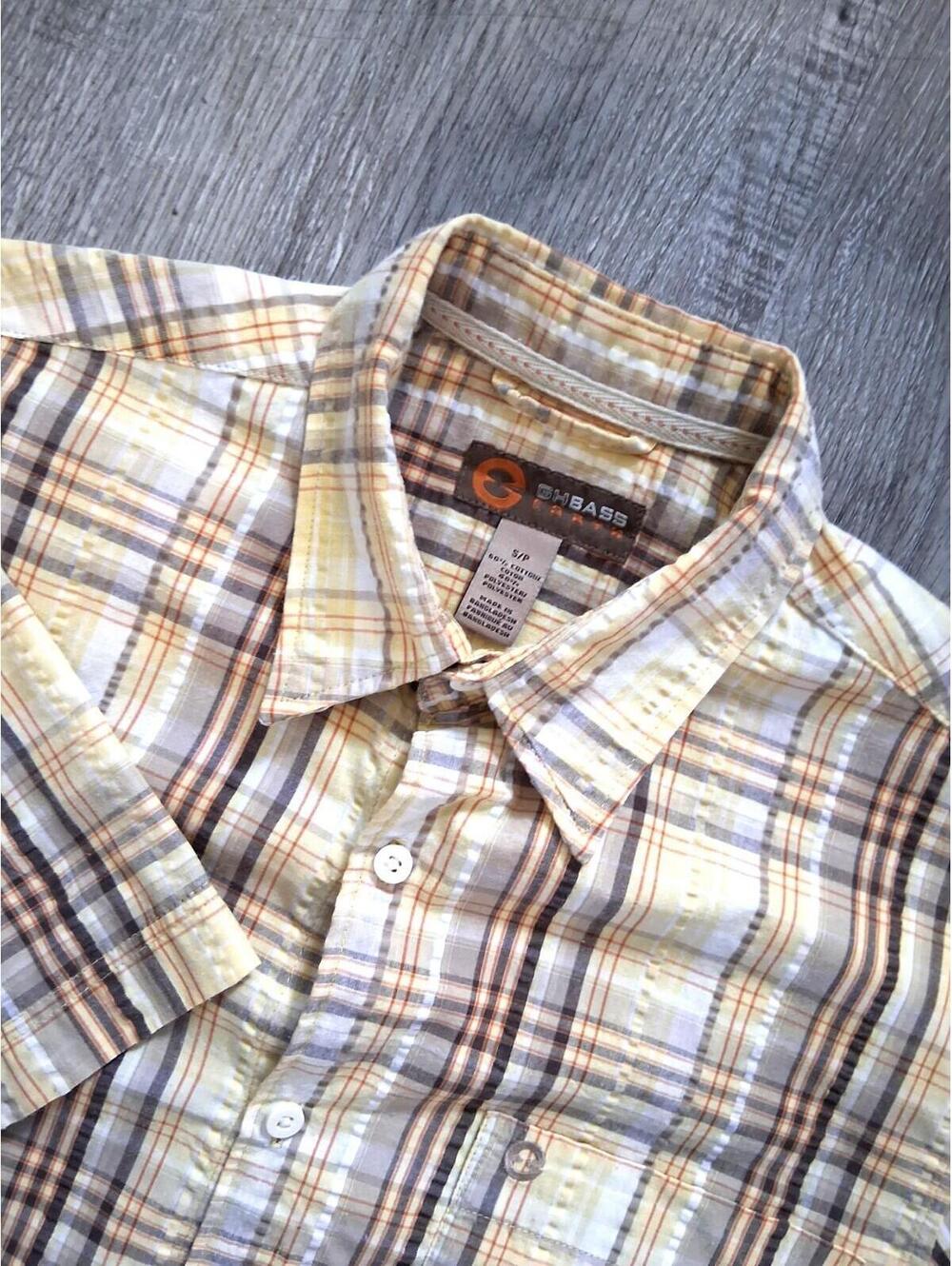 GH Bass Earth Men's Small Yellow Plaid Seersucker Short Sleeve Button Up Shirt
